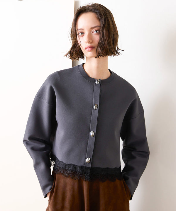 10/16発売予定 polyester milano rib scallop-lace hem cardigan