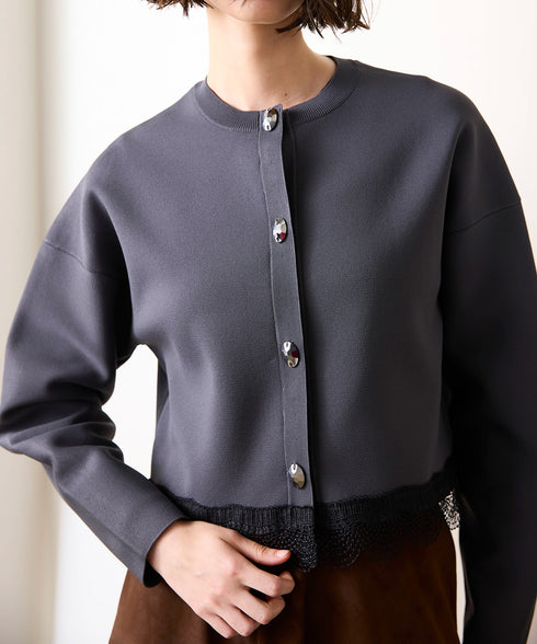 10/16発売予定 polyester milano rib scallop-lace hem cardigan