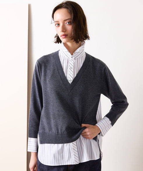 striped shirt layered knit top