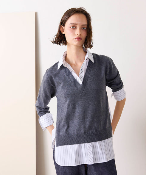 striped shirt layered knit top