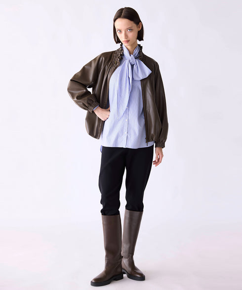 【SOI-MeME】stripe embroidery tie blouse