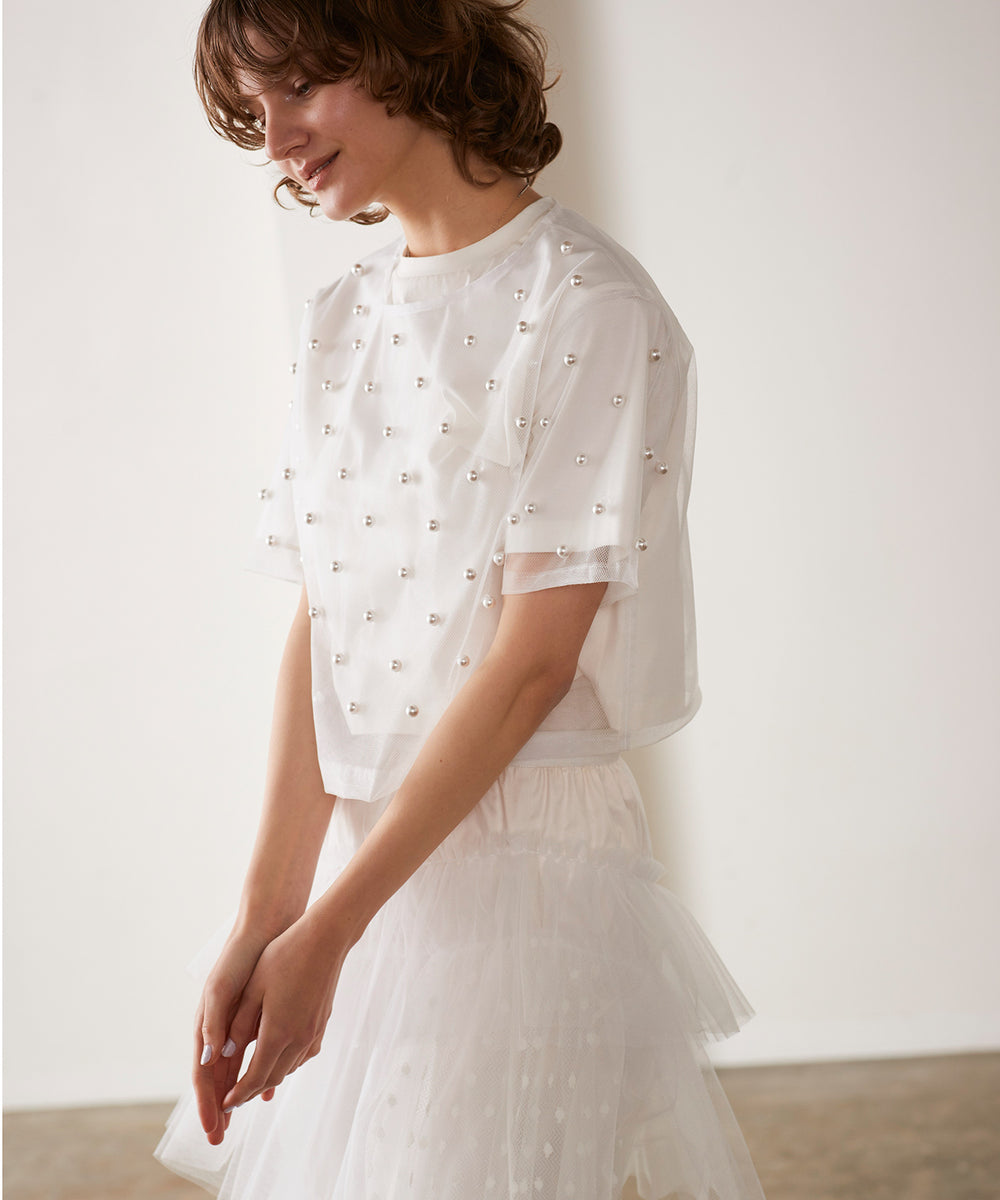 Pearlized layered tulle T-shirt – MARILYN MOON OFFICIAL ONLINE SHOP