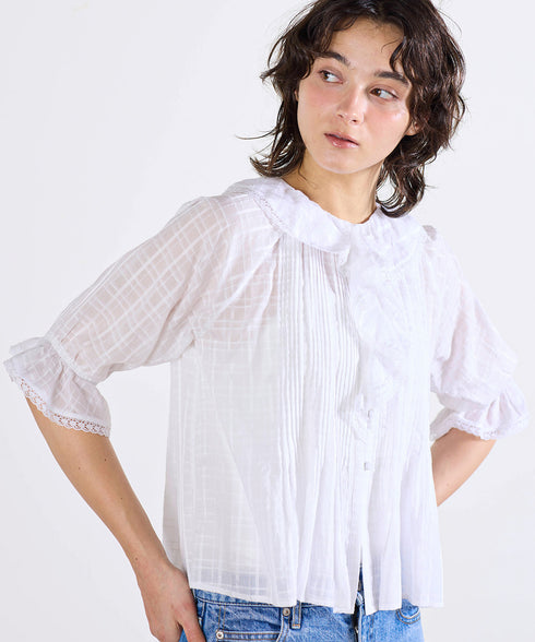sheer check raffle collar blouse