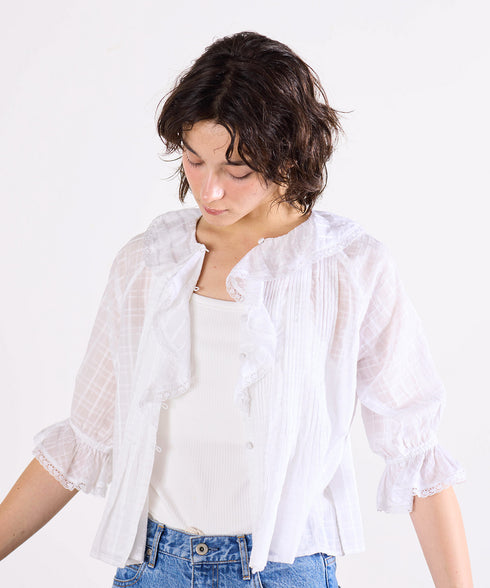 sheer check raffle collar blouse