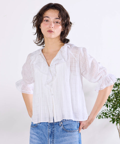 sheer check raffle collar blouse