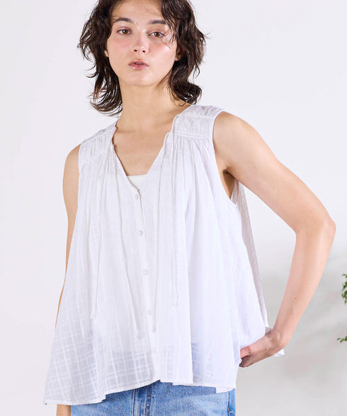 sheer check 2way gathered blouse