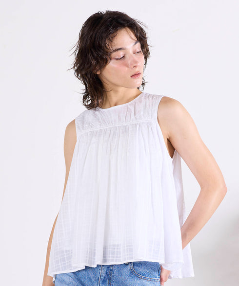sheer check 2way gathered blouse