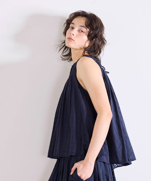 sheer check 2way gathered blouse
