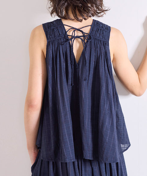 sheer check 2way gathered blouse