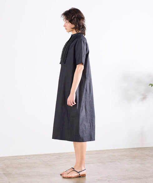 tuck frill cocoon denim one-piece