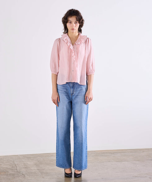 picot raffle collar tuck blouse