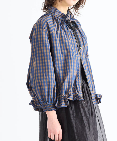 gingham check pleats frill blouson