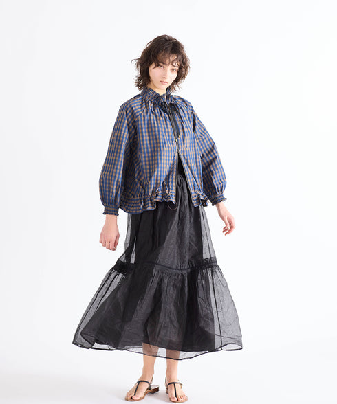 gingham check pleats frill blouson