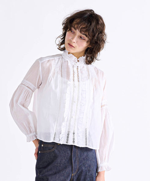 sheer starched cotton lace frilled blouse