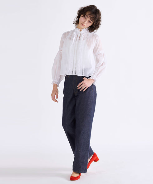 sheer starched cotton lace frilled blouse
