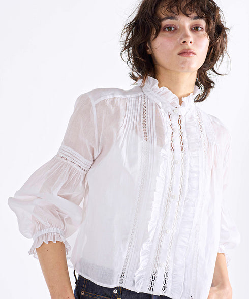 sheer starched cotton lace frilled blouse