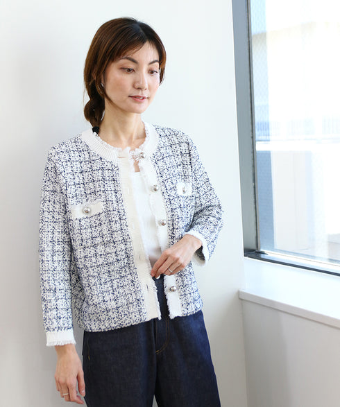 【SOI-MeME】tweed knit fringe jacket