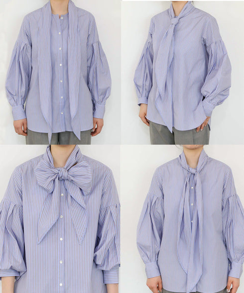 【SOI-MeME】stripe embroidery tie blouse