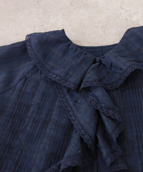 sheer check raffle collar blouse