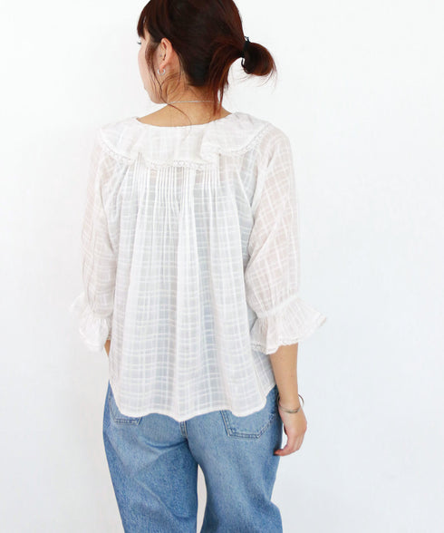 sheer check raffle collar blouse