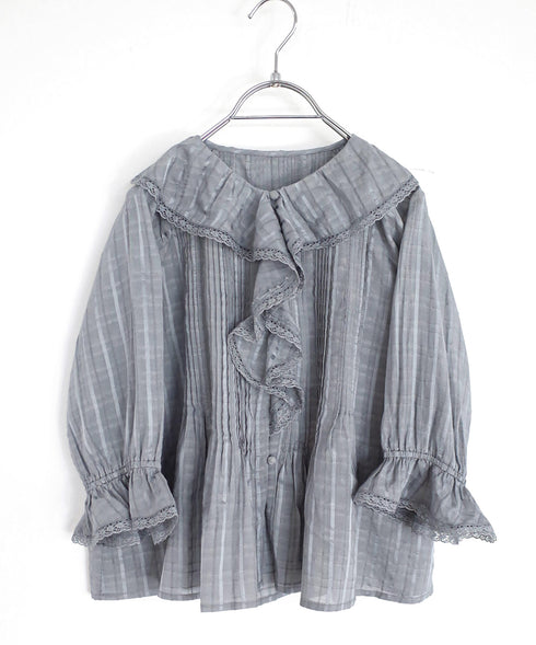 sheer check raffle collar blouse