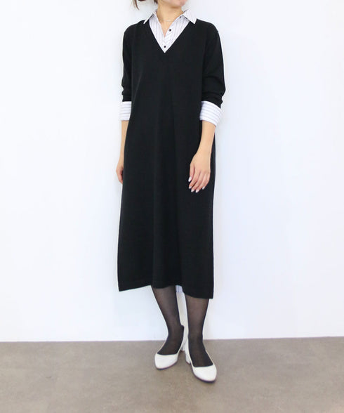 striped shirt layered knit one-piece