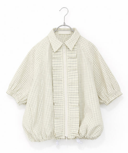 seersucker check pleats half sleeve blouson