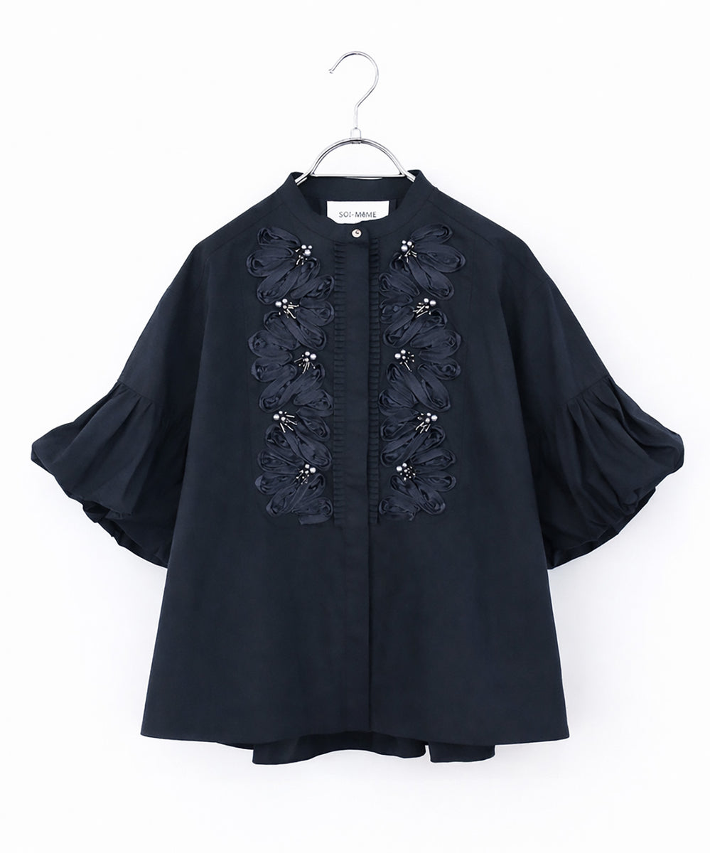 再入荷【SOI-MeME】balloon sleeve code embroidery pearl blouse
