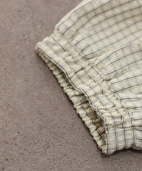 seersucker check pleats half sleeve blouson