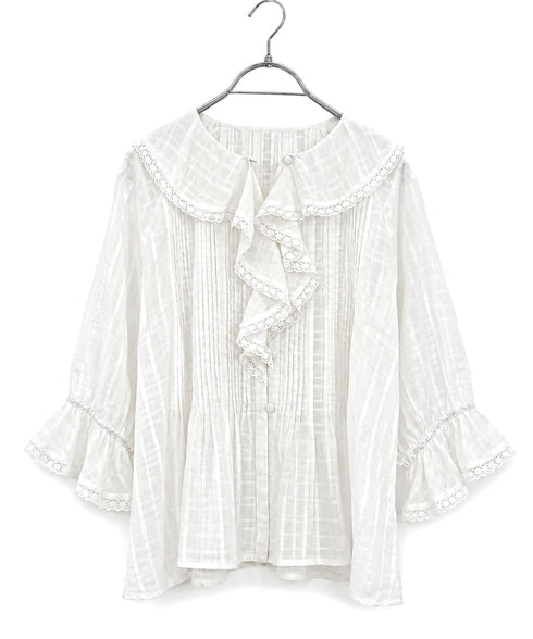 sheer check raffle collar blouse