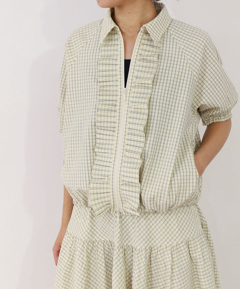 seersucker check pleats half sleeve blouson
