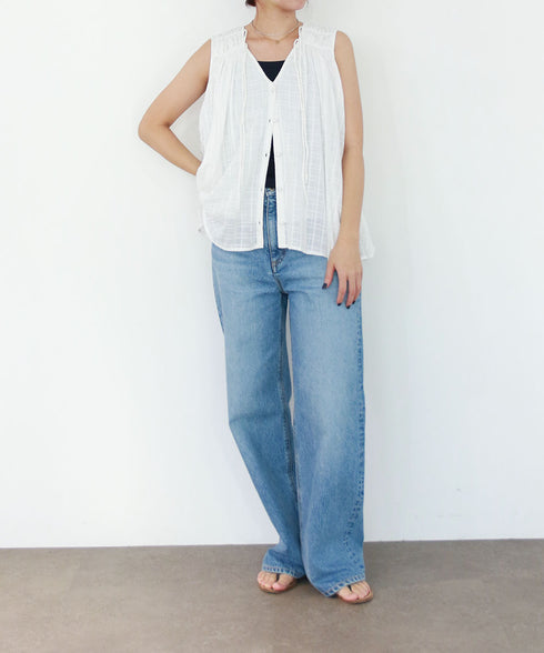 sheer check 2way gathered blouse