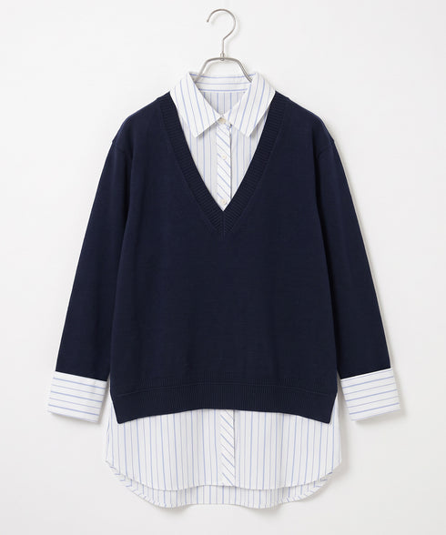 striped shirt layered knit top