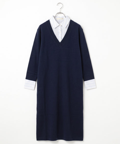 striped shirt layered knit one-piece