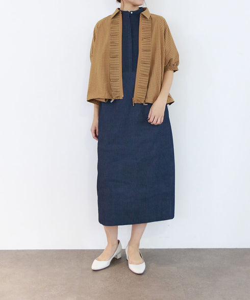 seersucker check pleats half sleeve blouson