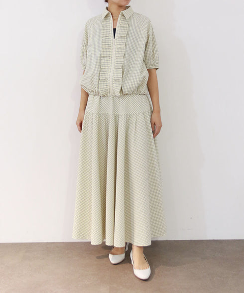 seersucker check pleats half sleeve blouson