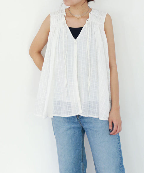sheer check 2way gathered blouse
