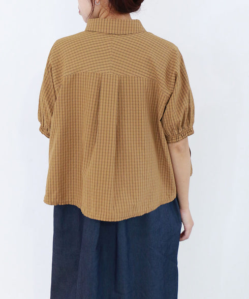 seersucker check pleats half sleeve blouson