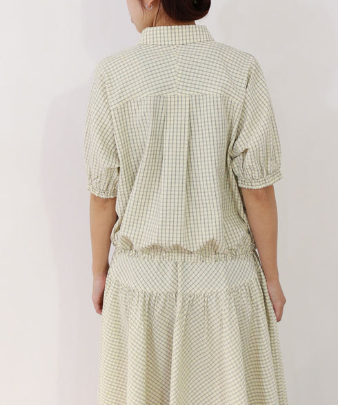 seersucker check pleats half sleeve blouson