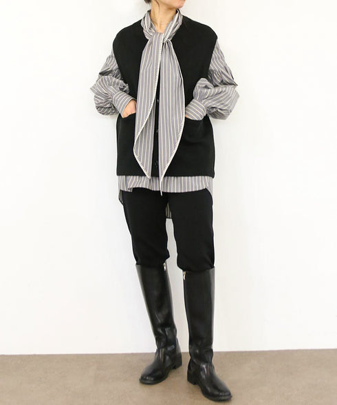 【SOI-MeME】stripe embroidery tie blouse