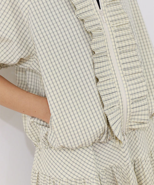 seersucker check pleats half sleeve blouson
