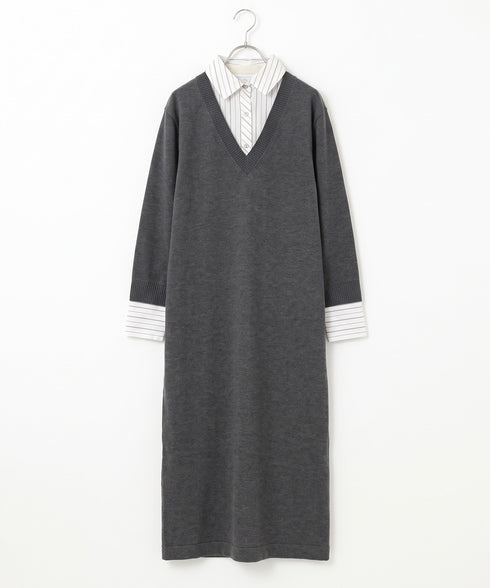 striped shirt layered knit one-piece
