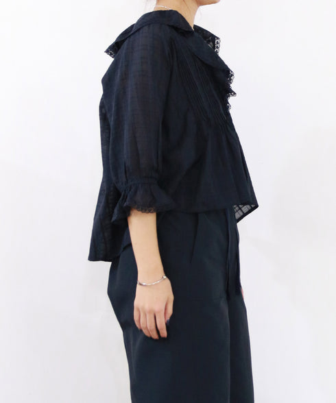 sheer check raffle collar blouse
