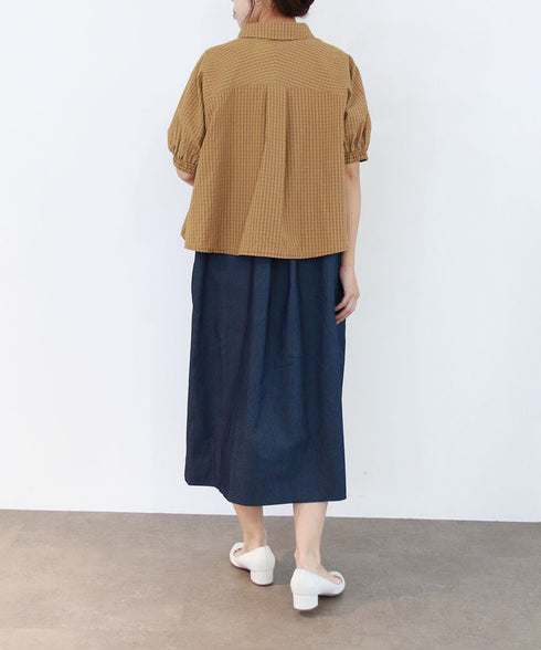 seersucker check pleats half sleeve blouson