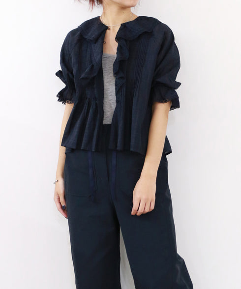 sheer check raffle collar blouse
