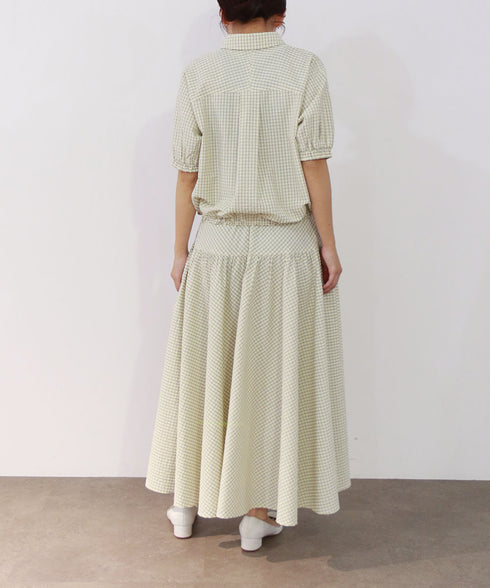 seersucker check pleats half sleeve blouson
