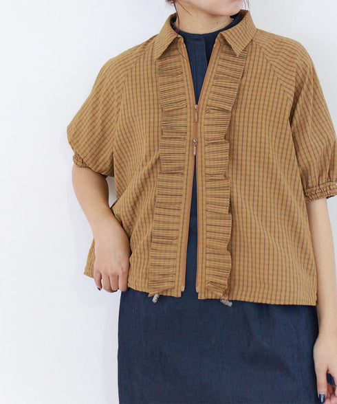 seersucker check pleats half sleeve blouson