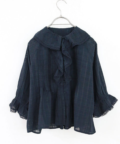 sheer check raffle collar blouse