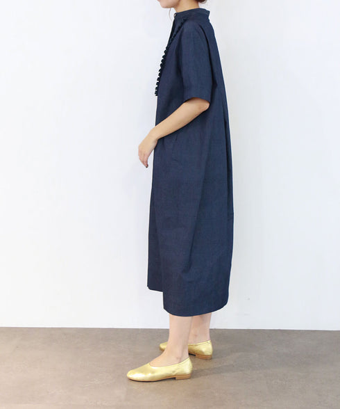 tuck frill cocoon denim one-piece