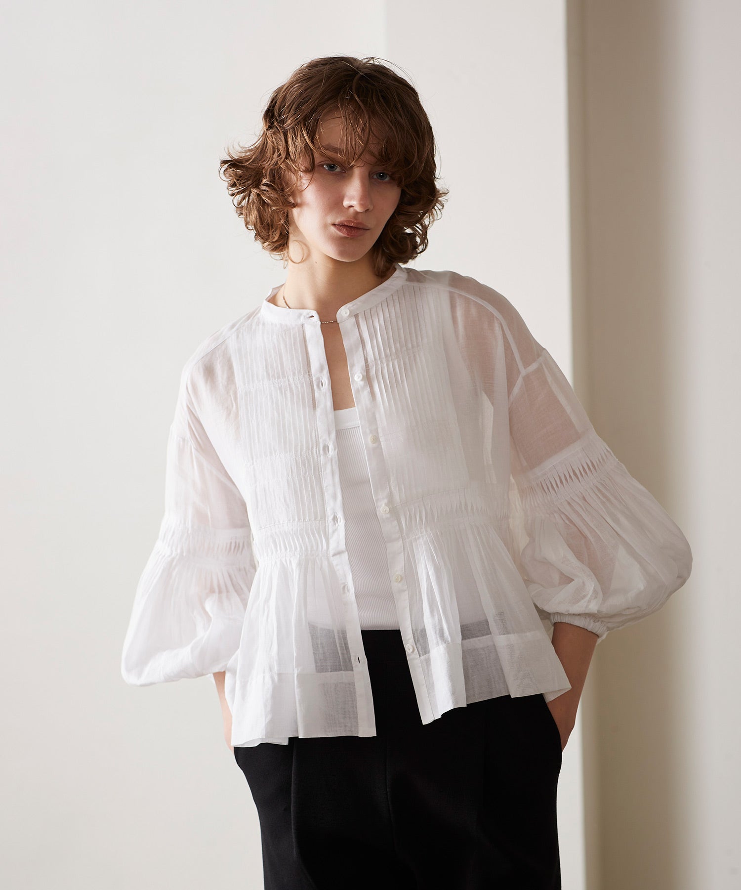 Tuck technique sheer cotton blouse